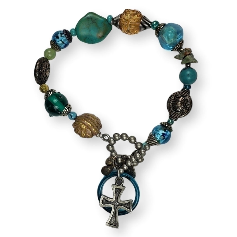 Gemstone Glass Bead Bracelet Cross Charm Multicolor Silver Tone Treska 8" - 9"